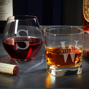 Set of Unique Engraved Wine and Whiskey Glasses