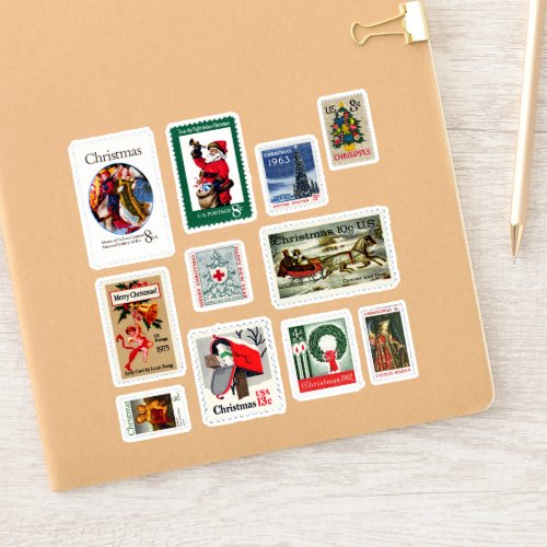 Set of vintage retro US Christmas Postage Stamps Sticker