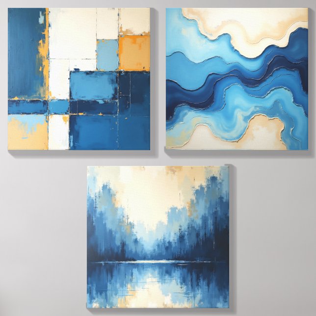 set of wall art prints abstract -blue and beige canvas photo tile  (Front Set)