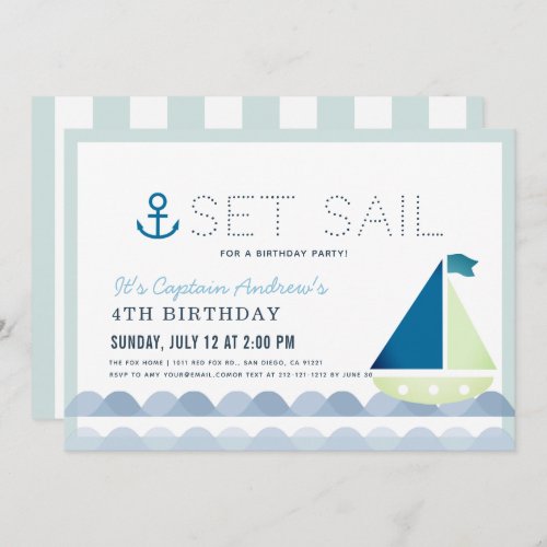 Set Sail Sailboat Nautical Blue Boy Birthday Invitation