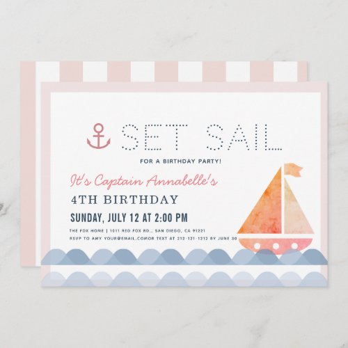 Set Sail Sailboat Nautical Pink Girl Birthday Invitation