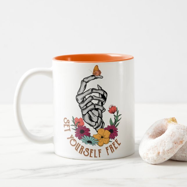 Set Your Self Free Skeleton Two-Tone Coffee Mug (With Donut)