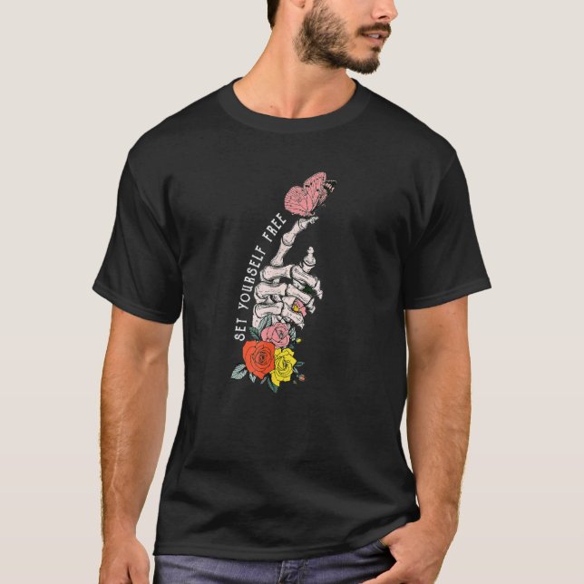 Set Yourself Free Floral Skeleton Hand Butterfly P T-Shirt (Front)