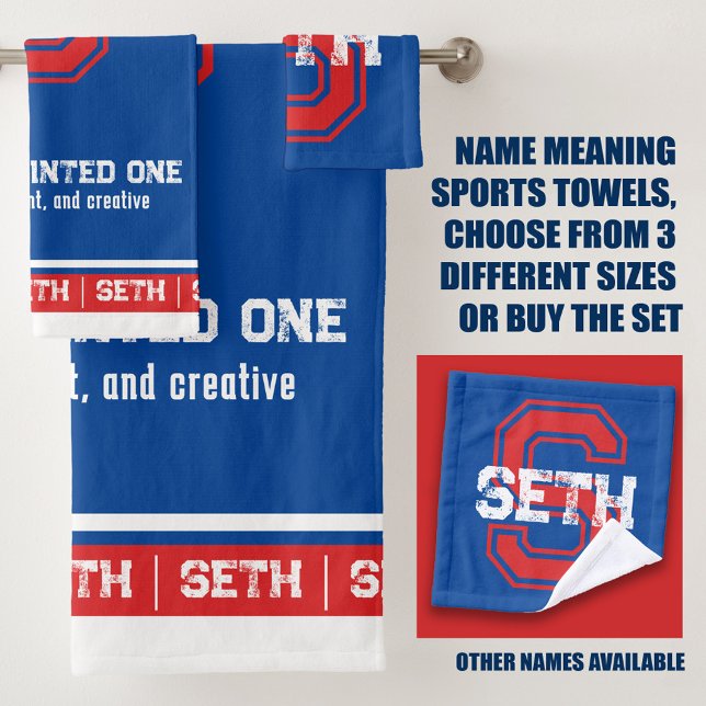 Seth name meaning sporty style blue red white bath towel set (Creator Uploaded)