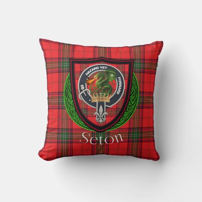 Seton Scottish Clan Tartan & Crest Throw Pillow (Front)