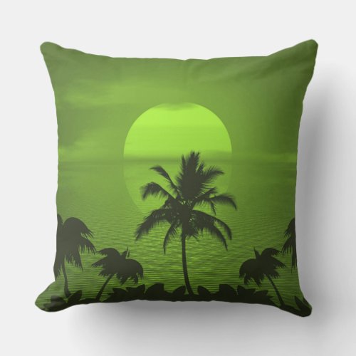 Setting Sun Green Tropics Palm Beach Outdoor Pillow