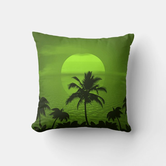 Setting Sun Green Tropics Palm Beach Throw Pillow (Front)