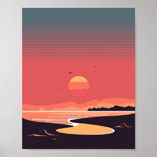 Setting Sun on the Coast Retro Style Poster