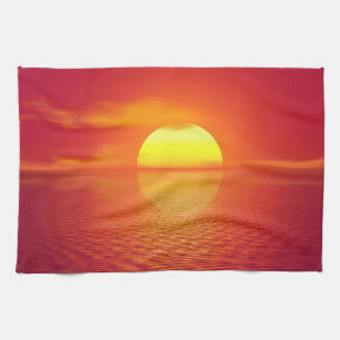 Setting Sun over Orange Sea Calm Ocean  Kitchen Towel