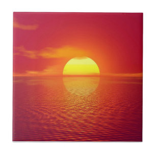 Setting Sun over Orange Sea Calm Ocean Sunset Ceramic Tile