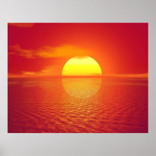 Setting Sun over Orange Sea Calm Ocean Sunset Poster