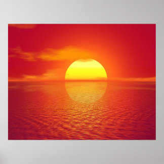 Setting Sun over Orange Sea Calm Ocean Sunset  Poster
