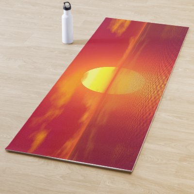 Setting Sun over Orange Sea Calm Ocean  Yoga Mat