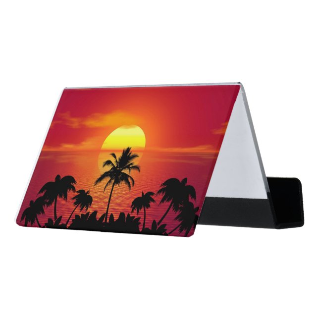 Setting Sun Red Tropics Palm Beach Desk Business Card Holder (Angled Back)