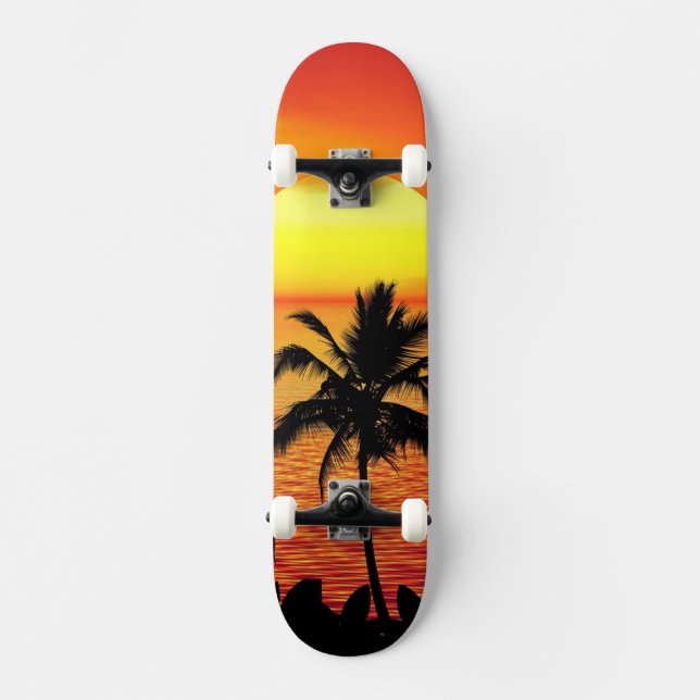 Setting Sun Red Tropics Palm Beach Skateboard (Front)