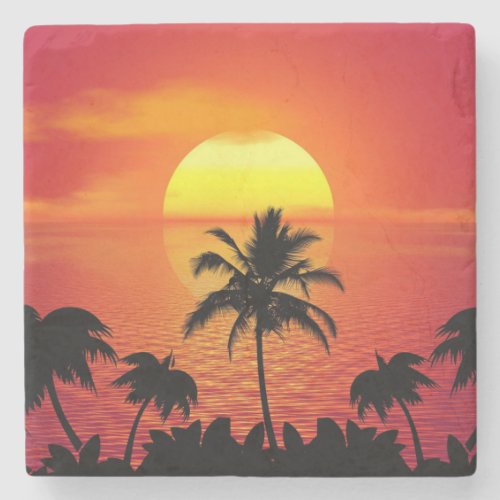 Setting Sun Red Tropics Palm Beach Stone Coaster