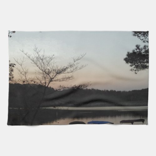 Setting Sun Rising Moon  over  Lake Arrowhead Kitchen Towel