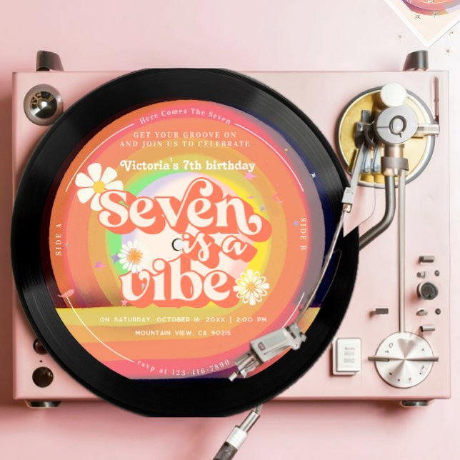 Seve is a Vibe Groovy Retro Vinyl Rainbow Daisy Invitation (Creator Uploaded)