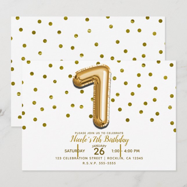 SEVEN 7 Gold Balloon Confetti 7th Birthday Party Invitation (Front/Back)