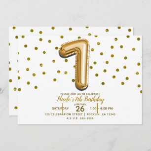 SEVEN 7 Gold Balloon Confetti 7th Birthday Party Invitation