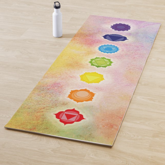 Seven Chakra Symbols on Watercolor Yoga Mat (In Situ)