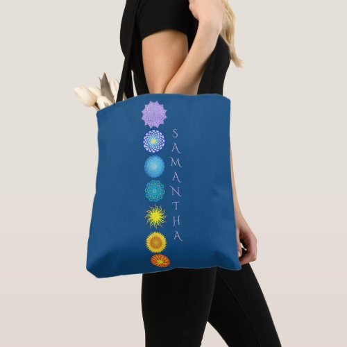 Seven Chakras Rainbow Blue Monogram Tote Bag