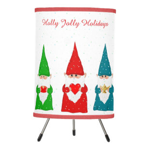 Seven Christmas Gnomes on White Tripod Lamp