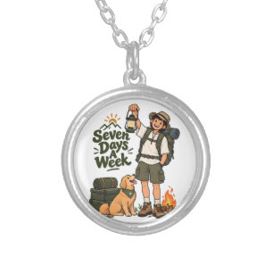 Seven Days A Week Camping Adventure Design Silver Plated Necklace