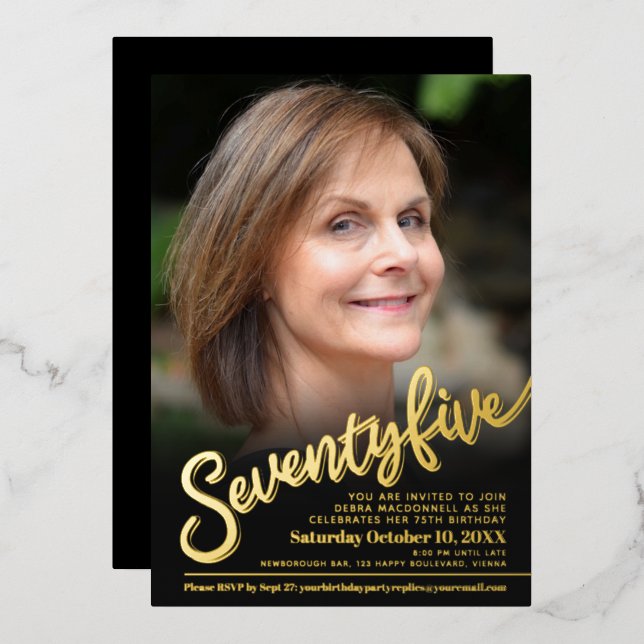 Seven five 75th Birthday custom photo black gold  Foil Invitation (Front/Back)