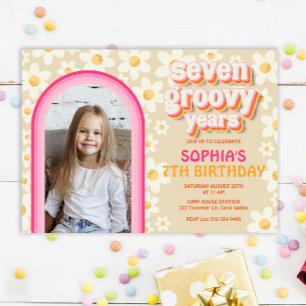 Seven Groovy Retro Daisy Photo Birthday Invitation