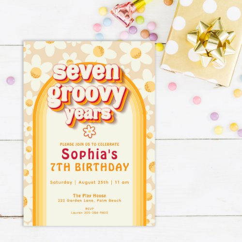 Seven Groovy Years Boho Daisy Rainbow Birthday Invitation