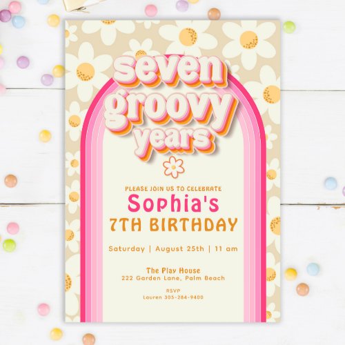  Seven Groovy Years Boho Daisy Rainbow Birthday Invitation
