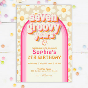 Seven Groovy Years Daisy Rainbow Birthday Invitati Invitation