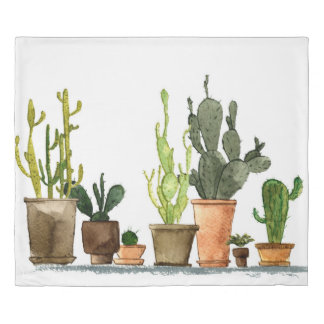 Seven hand drawn green watercolor cactus in brown  duvet cover