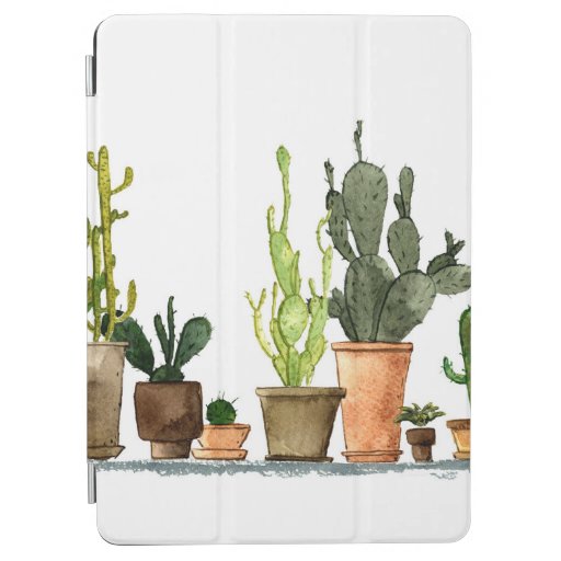 Seven hand drawn green watercolor cactus in brown  iPad air cover