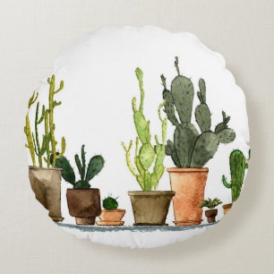 Seven hand drawn green watercolor cactus in brown round pillow