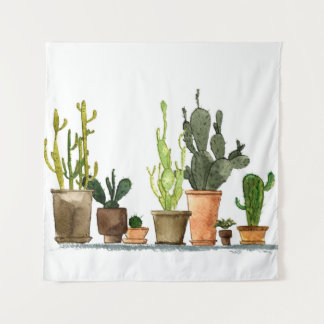 Seven hand drawn green watercolor cactus in brown  tapestry