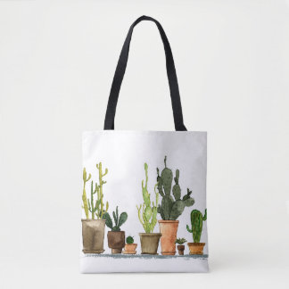 Seven hand drawn green watercolor cactus in brown  tote bag