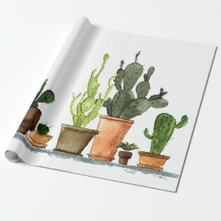 Seven hand drawn green watercolor cactus in brown  wrapping paper