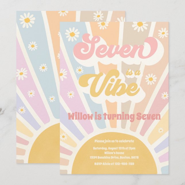 Seven Is A Vibe Boho Sunshine 7th Birthday Party Invitation (Front/Back)