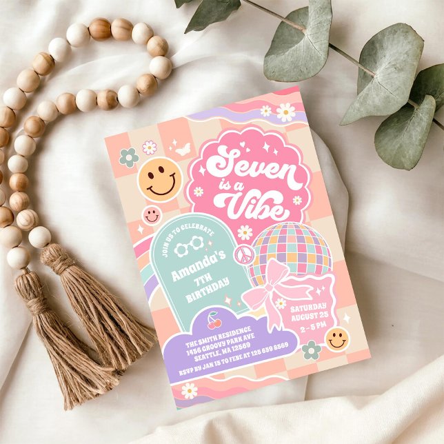 Seven Is A Vibe Cloud Rainbow Disco 7th Birthday Invitation (Creator Uploaded)