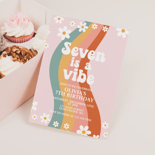 Seven is a Vibe groovy daisy rainbow 7th birthday Invitation