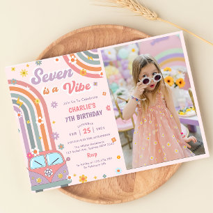Seven Is A Vibe Groovy Retro Daisy Birthday Photo Invitation