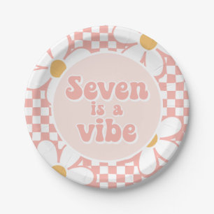 Seven is a Vibe Pink Daisy Checker Paper Plates