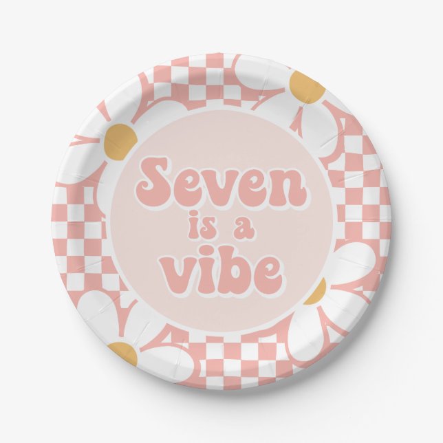 Seven is a Vibe Pink Daisy Checker Paper Plates (Front)