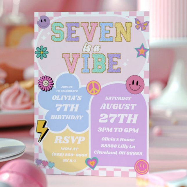 Seven Is A Vibe Preppy Patch 7th Birthday Party Invitation (Creator Uploaded)