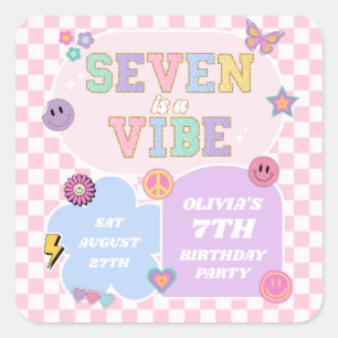 Seven Is A Vibe Preppy Patch 7th Birthday Party Square Sticker