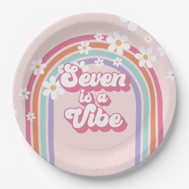 Seven is a Vibe Rainbow Pink 7th Birthday Paper Plates (Front)