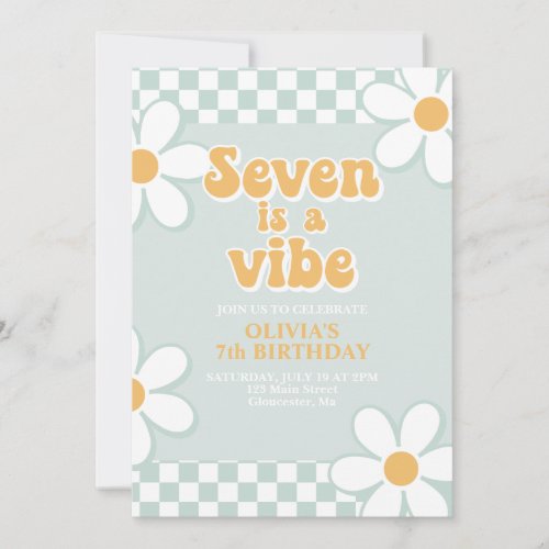 Seven is a Vibe Retro Check Mint Invitation