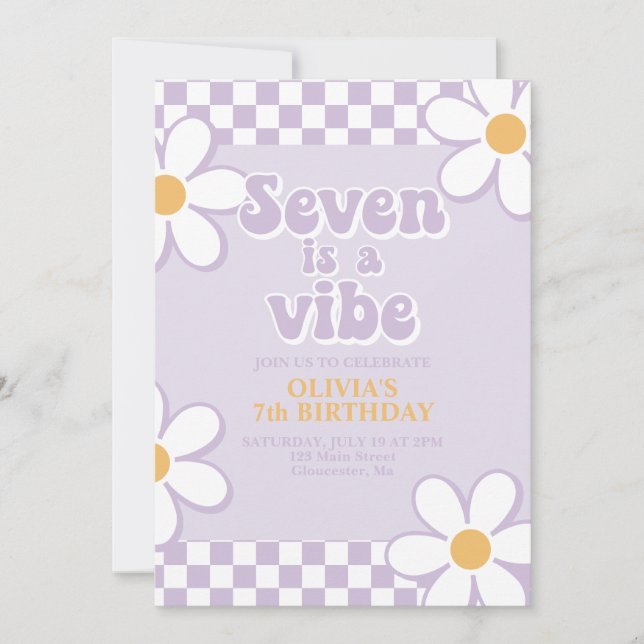 Seven is a Vibe Retro Check Purple Daisy Invitation (Front)